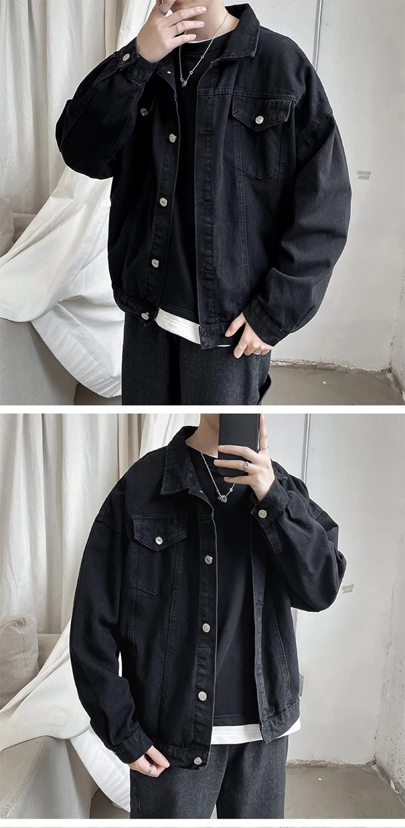 Menβs Black Denim Jacket β Casual Streetwear Bomber