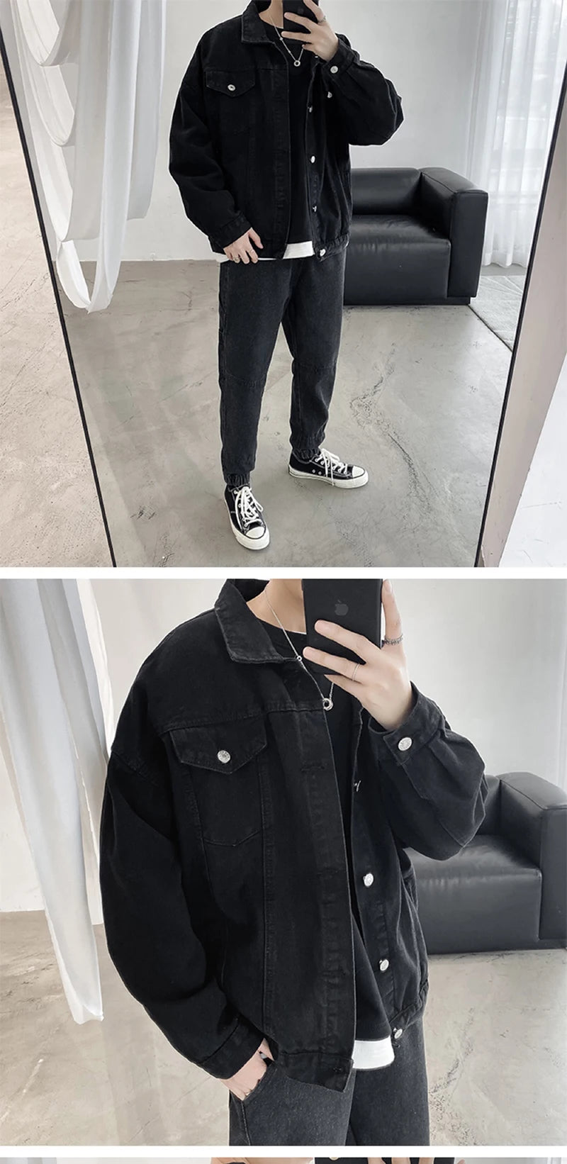 Menβs Black Denim Jacket β Casual Streetwear Bomber