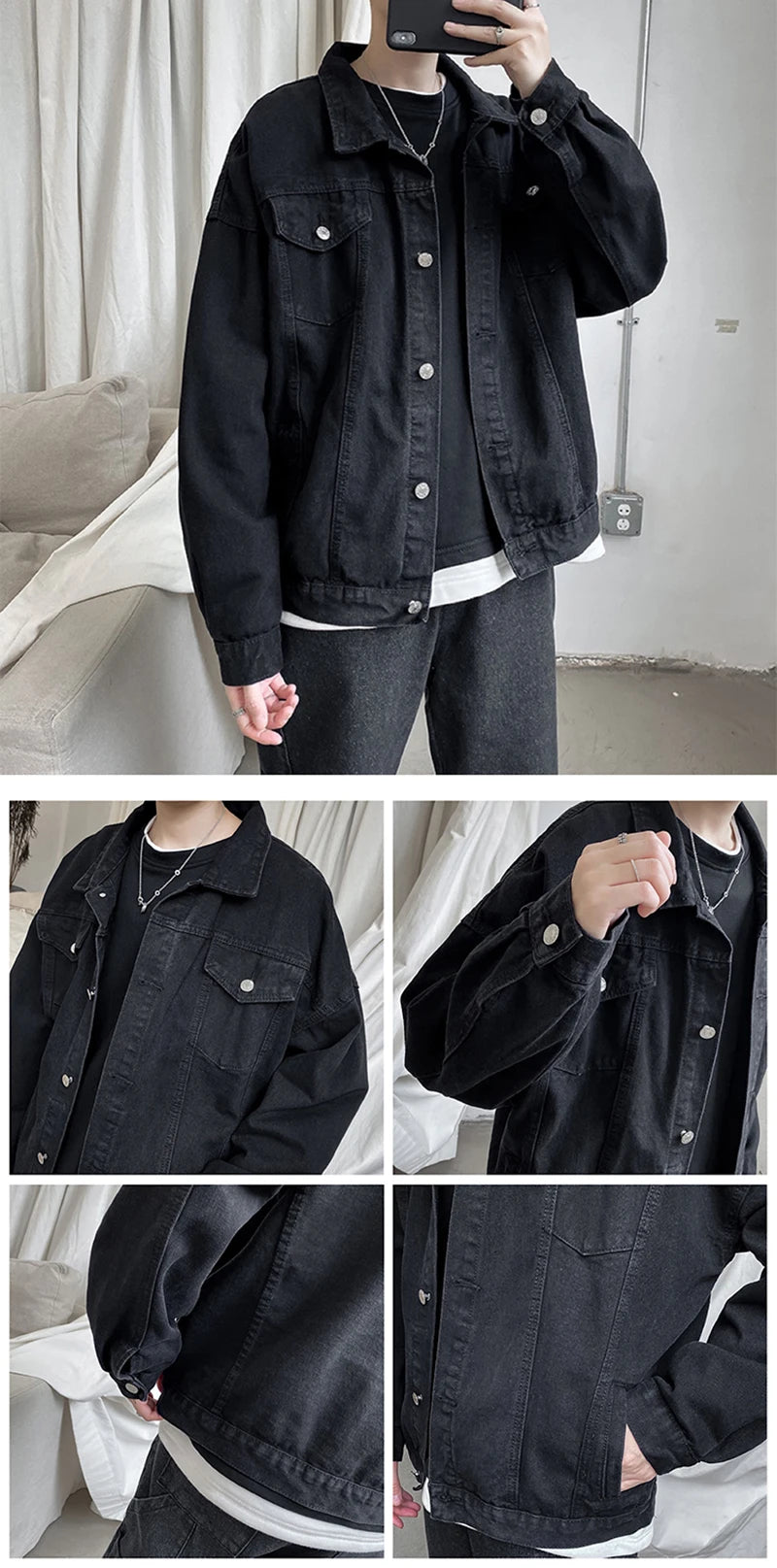 Menβs Black Denim Jacket β Casual Streetwear Bomber