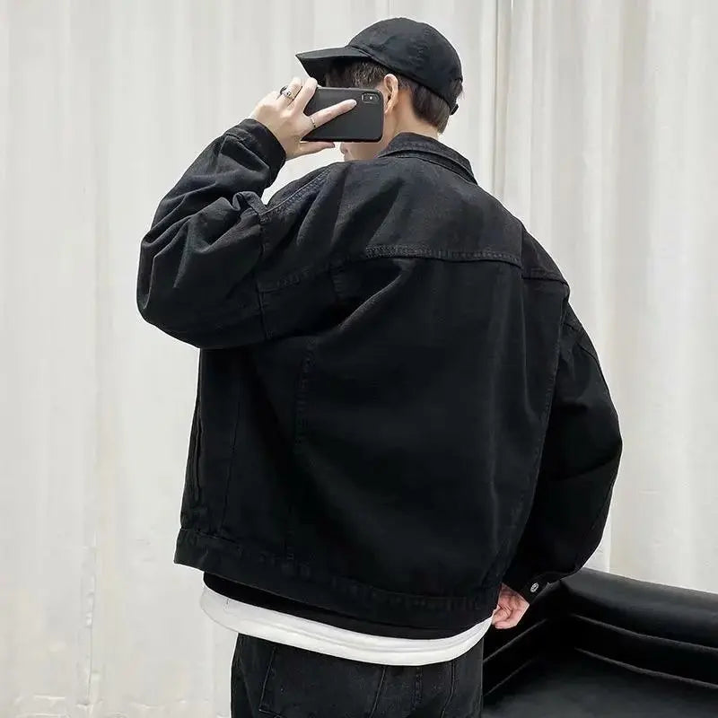 Menβs Black Denim Jacket β Casual Streetwear Bomber