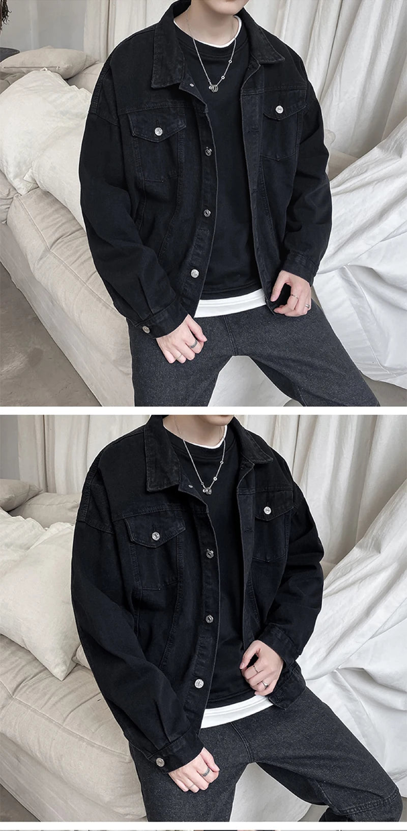 Menβs Black Denim Jacket β Casual Streetwear Bomber