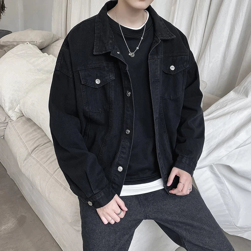 Menβs Black Denim Jacket β Casual Streetwear Bomber