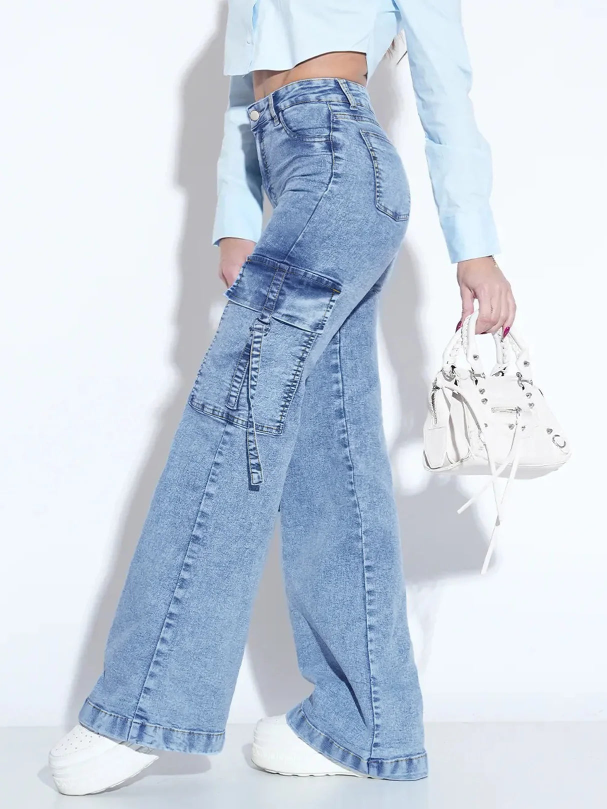 Womenโs Utility Denim Cargo Jeans โ Multi-Pocket Work Pants