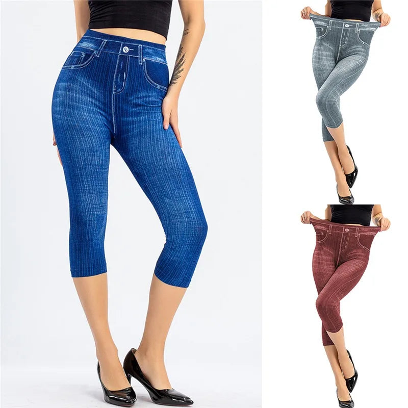 Women’s Denim-Print Slim Leggings – Faux Jeans Stretch Pants