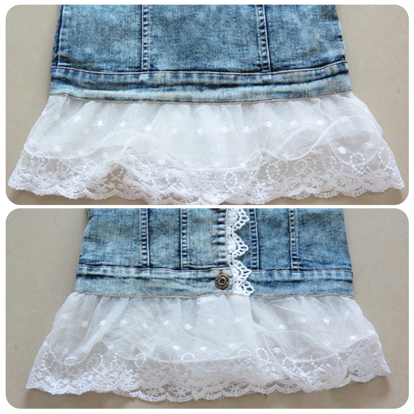Girls Lace Denim Jacket ā Cute Jean Coat with Lace Skirt & Collar
