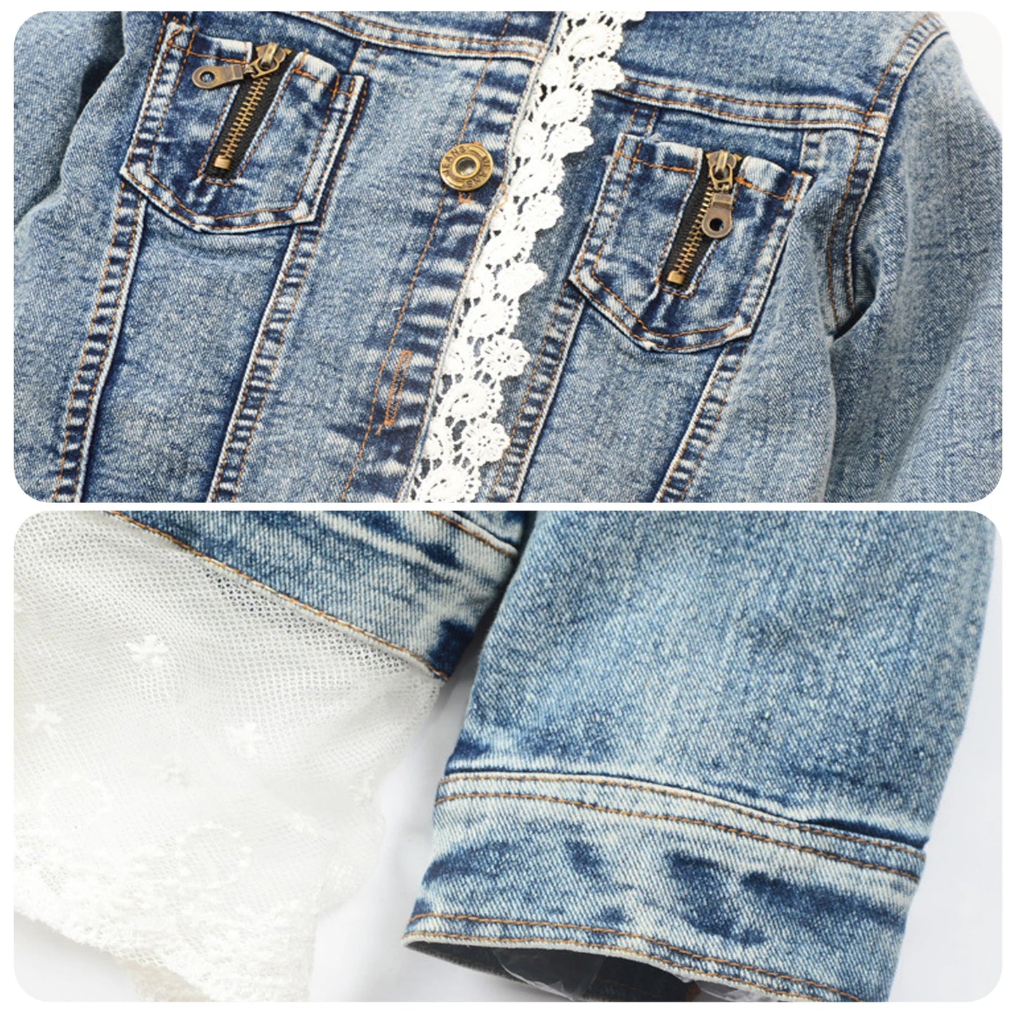 Girls Lace Denim Jacket ā Cute Jean Coat with Lace Skirt & Collar
