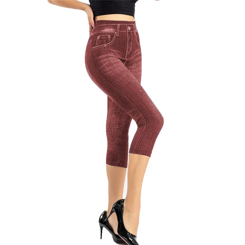 Women’s Denim-Print Slim Leggings – Faux Jeans Stretch Pants