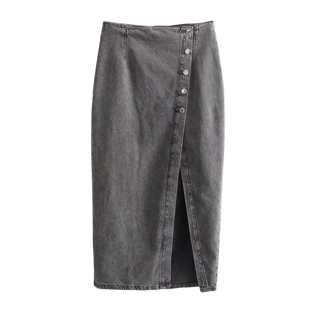 Women’s Button-Front Denim Midi Skirt with Side Slit