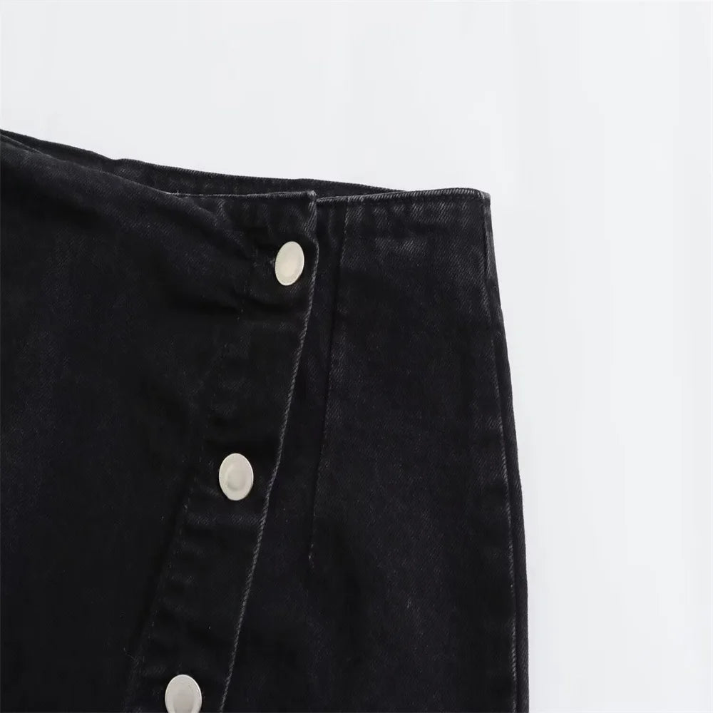Women’s Button-Front Denim Midi Skirt with Side Slit