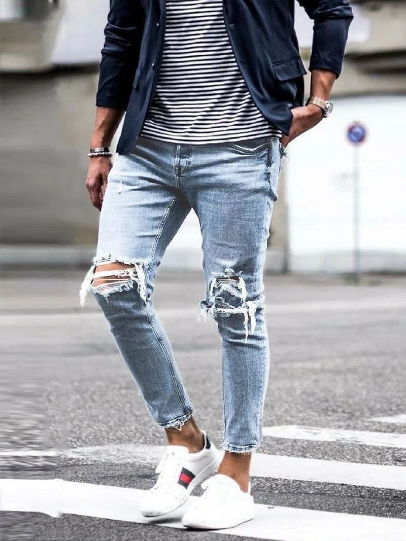Menβs Distressed Slim Denim Pants β Elastic Waist Casual Jeans