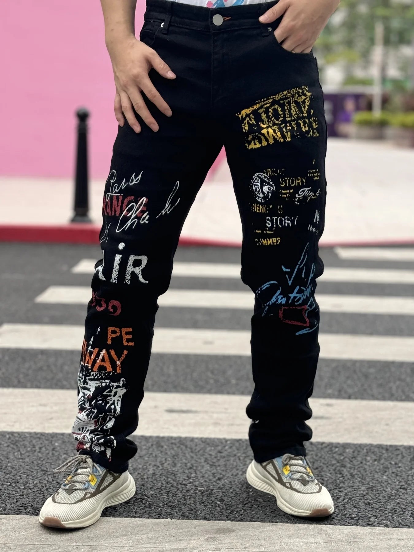 Menβs Graffiti Denim Jeans β Casual Slim Fit, All-Season Wear