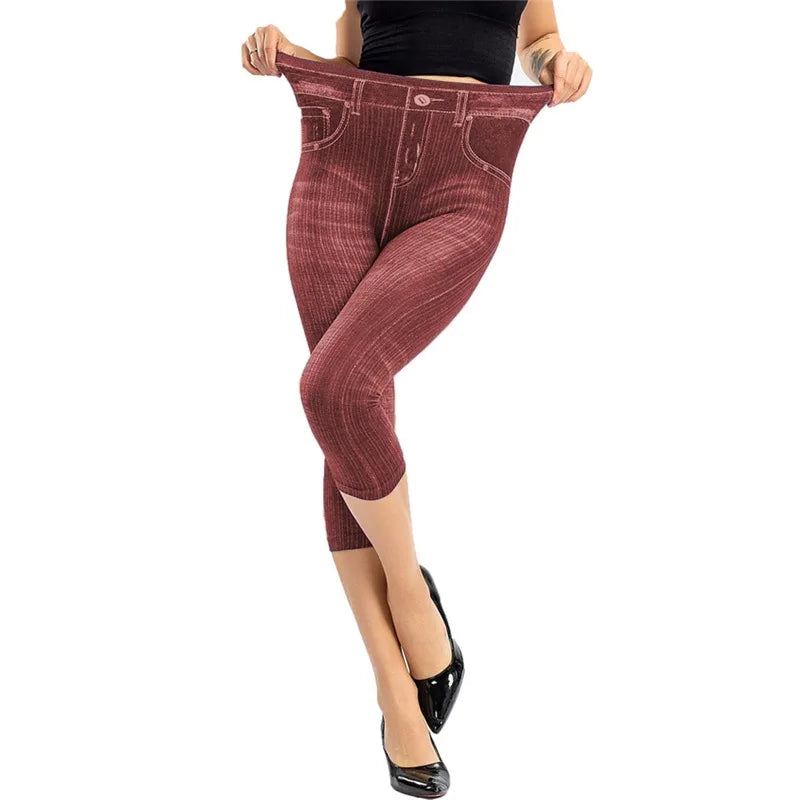 Women’s Denim-Print Slim Leggings – Faux Jeans Stretch Pants