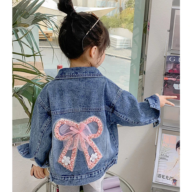 Teen Girls Pearl Denim Jacket – Bow Knot Fashion Coat for Spring & Autumn