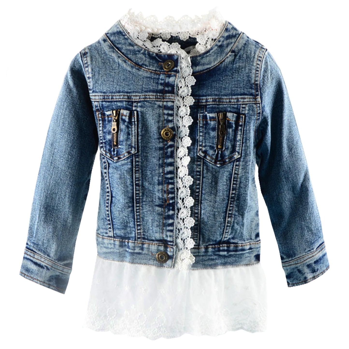 Girls Lace Denim Jacket ā Cute Jean Coat with Lace Skirt & Collar