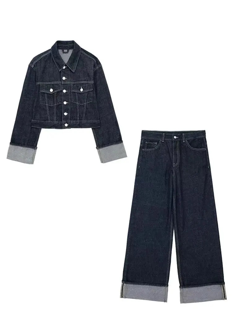Women’s Denim Jacket & Wide-Leg Jeans Set – High Street Style