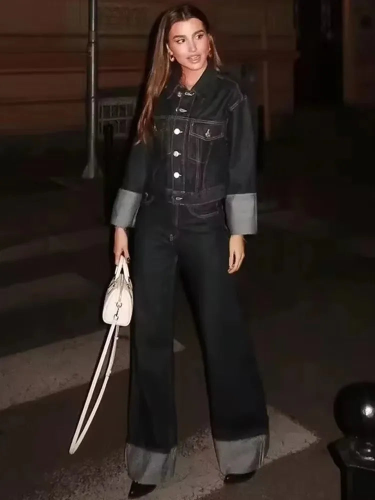 Women’s Denim Jacket & Wide-Leg Jeans Set – High Street Style