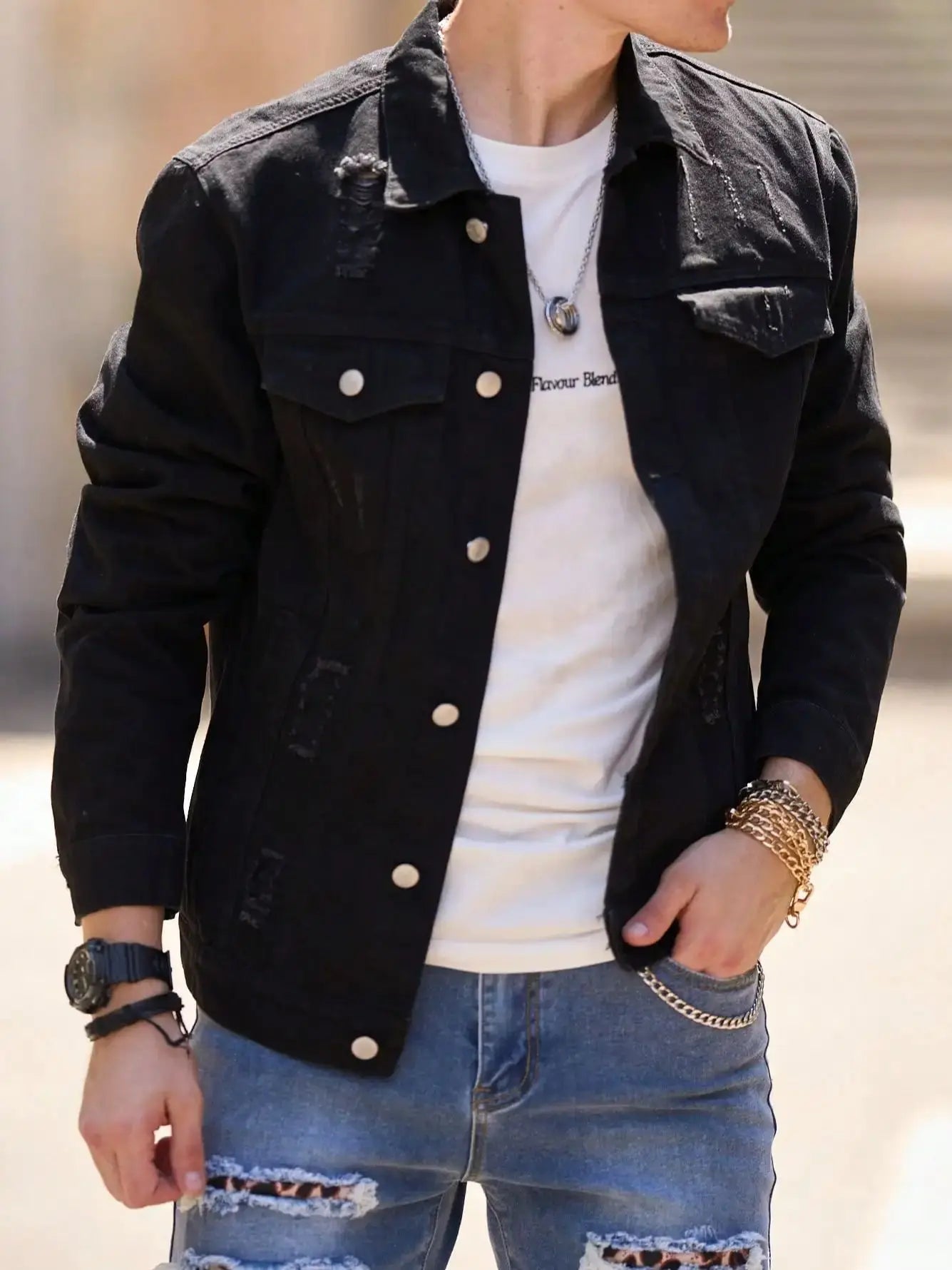 Men’s Slim-Fit Denim Jacket – Casual Ripped Coat for Spring & Autumn