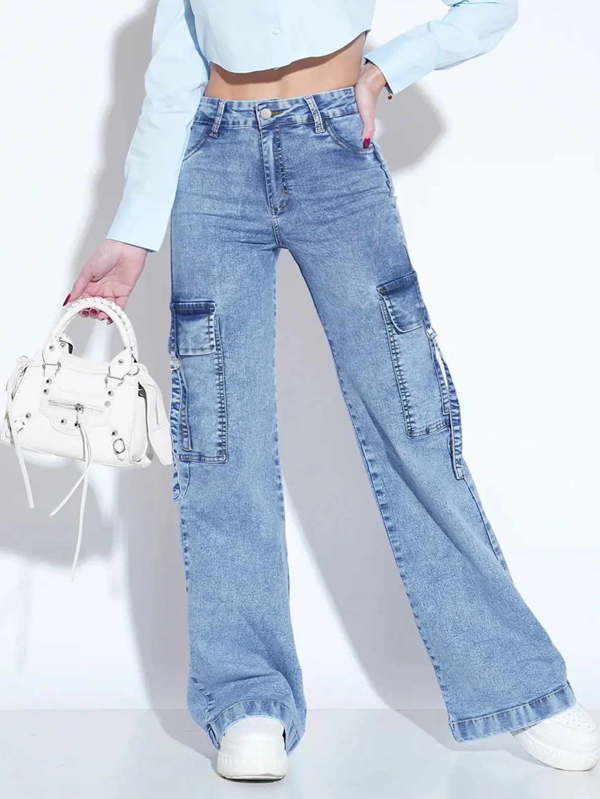 Womenโs Utility Denim Cargo Jeans โ Multi-Pocket Work Pants
