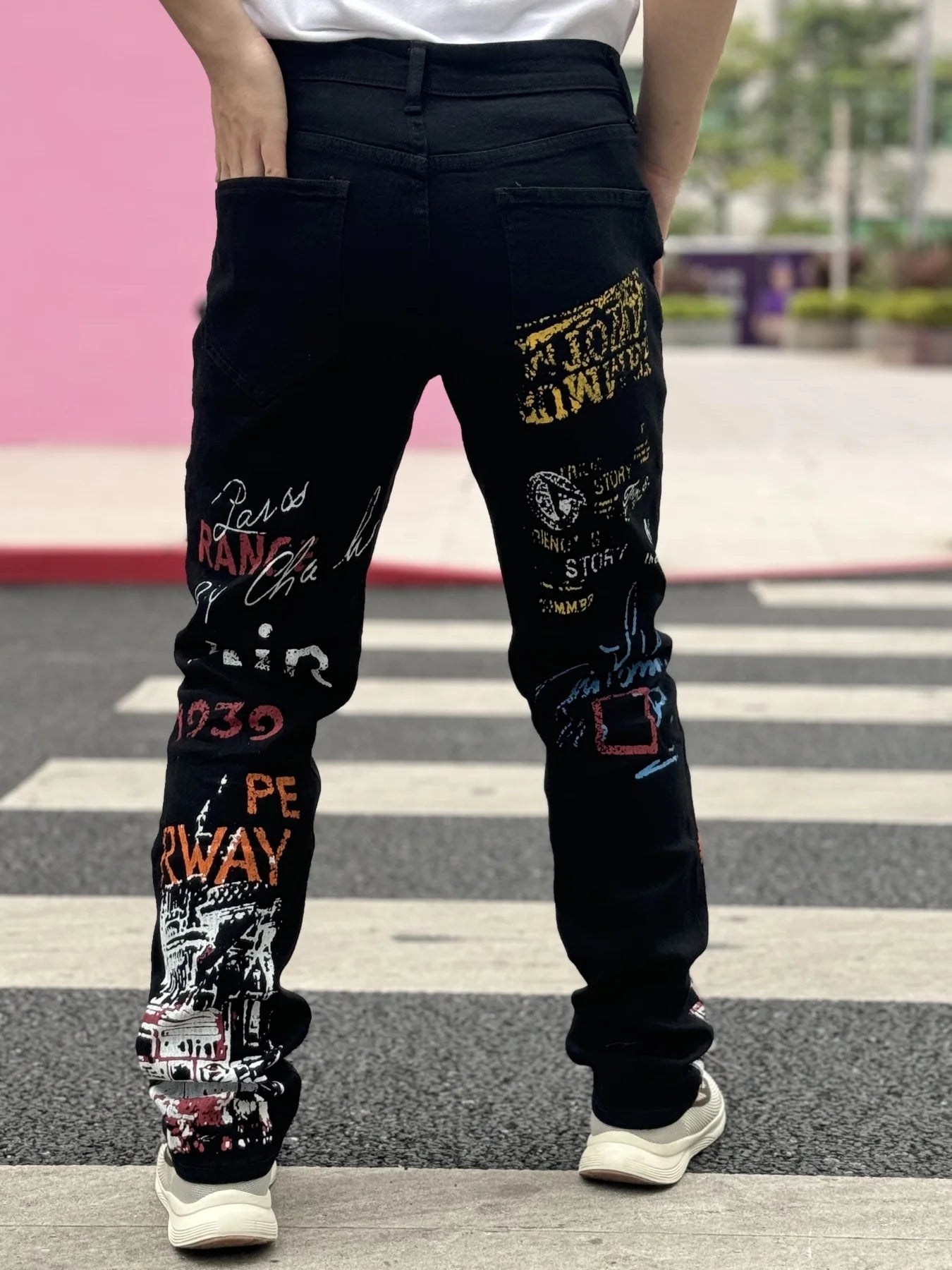 Menβs Graffiti Denim Jeans β Casual Slim Fit, All-Season Wear