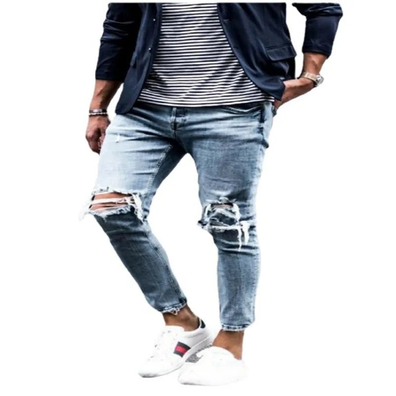 Menβs Distressed Slim Denim Pants β Elastic Waist Casual Jeans