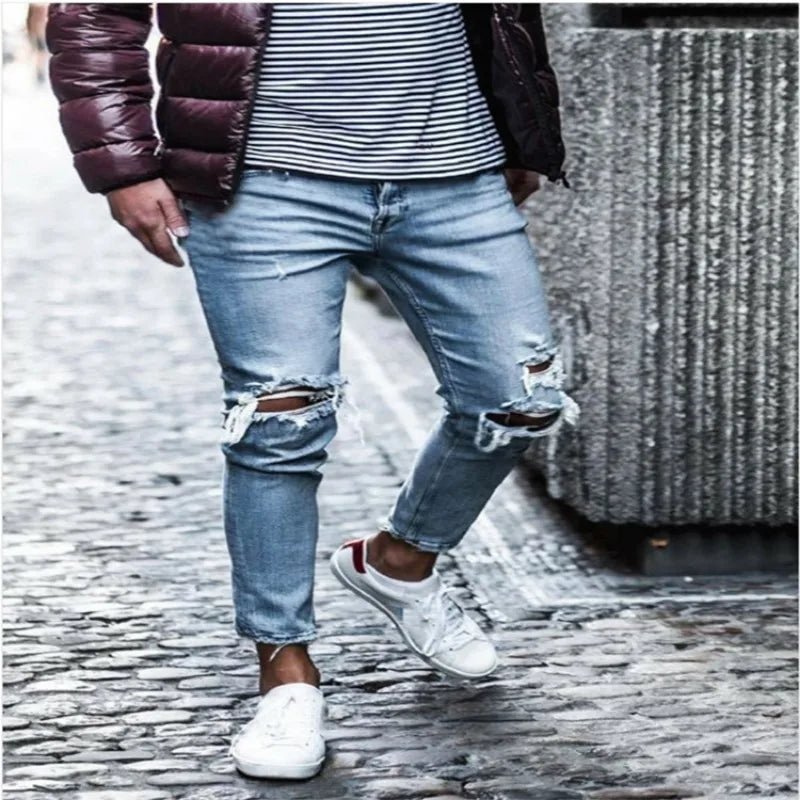 Menβs Distressed Slim Denim Pants β Elastic Waist Casual Jeans