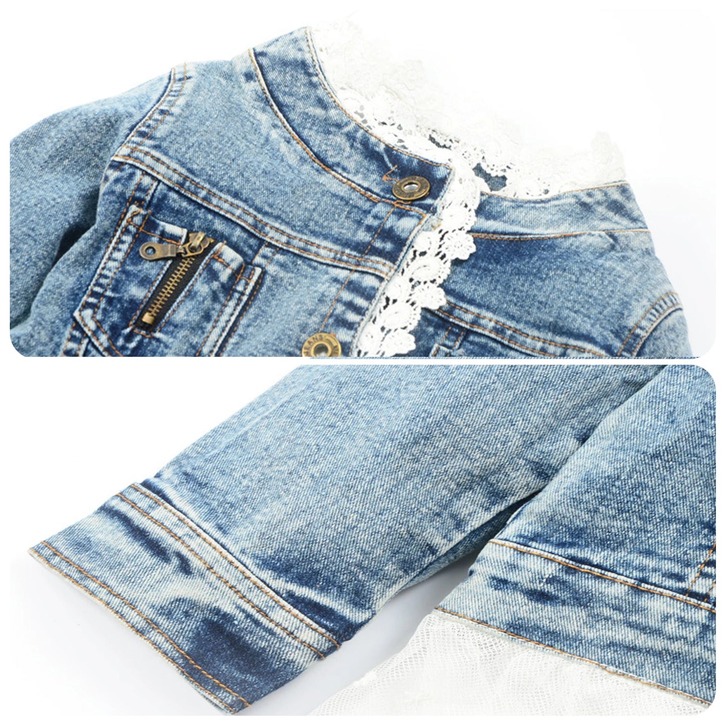Girls Lace Denim Jacket ā Cute Jean Coat with Lace Skirt & Collar