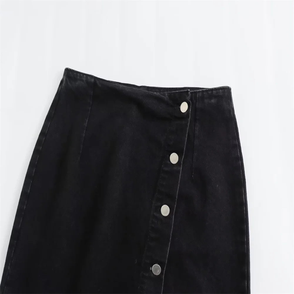 Women’s Button-Front Denim Midi Skirt with Side Slit