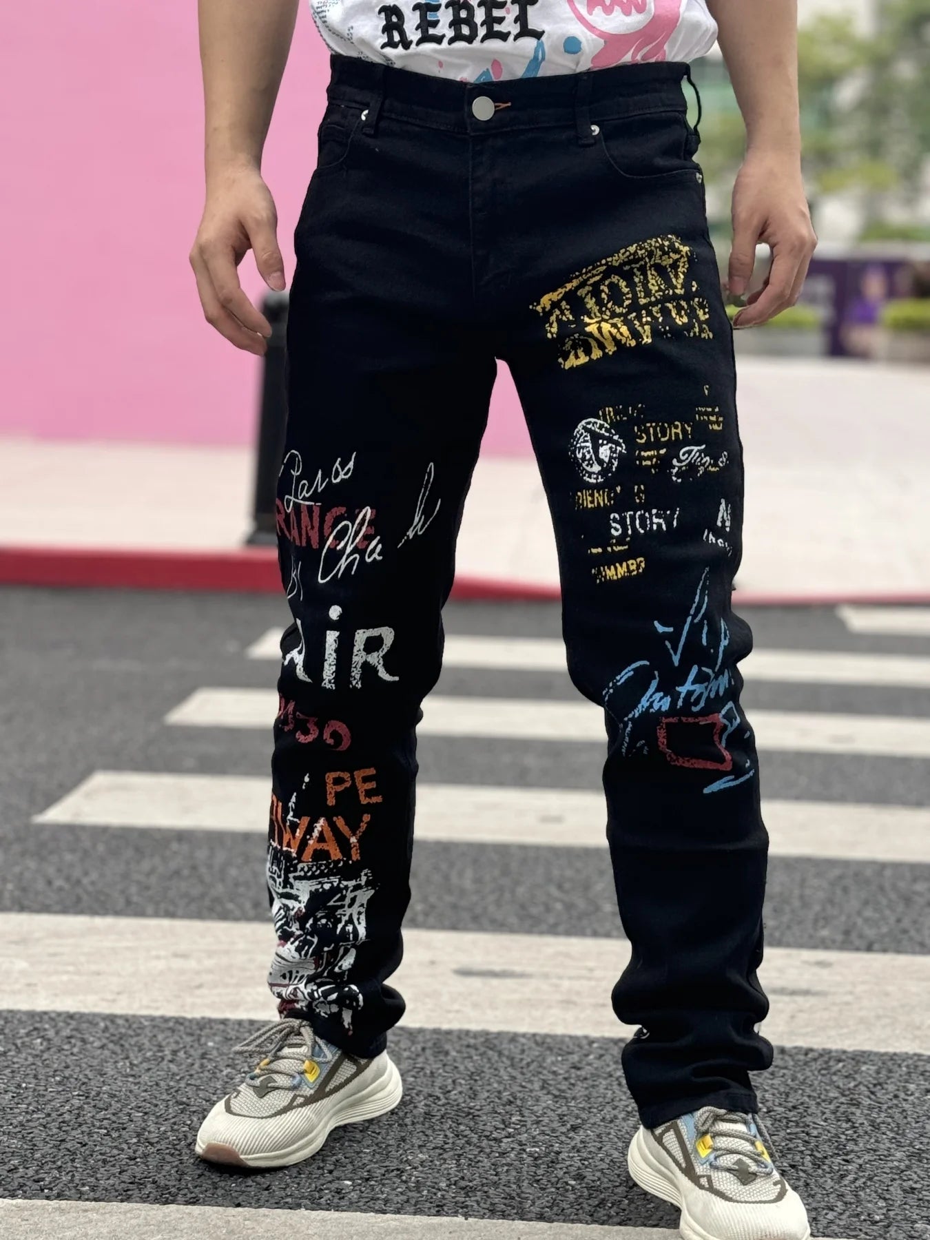 Menβs Graffiti Denim Jeans β Casual Slim Fit, All-Season Wear