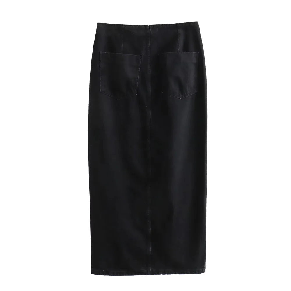 Women’s Button-Front Denim Midi Skirt with Side Slit