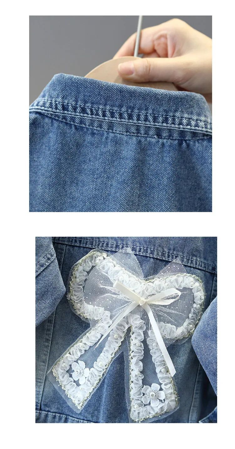 Teen Girls Pearl Denim Jacket – Bow Knot Fashion Coat for Spring & Autumn