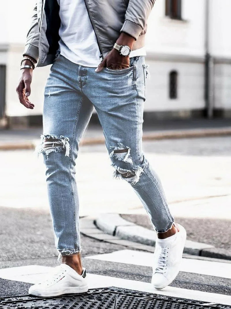 Menβs Distressed Slim Denim Pants β Elastic Waist Casual Jeans