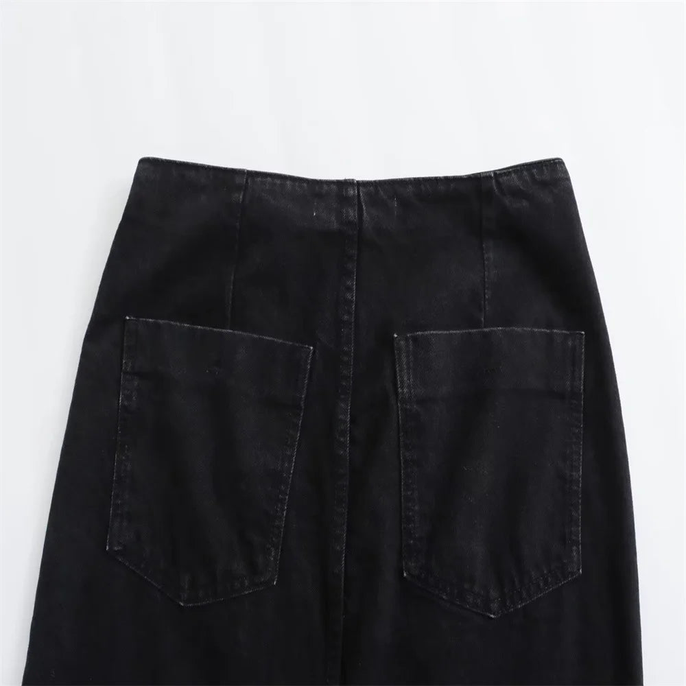 Women’s Button-Front Denim Midi Skirt with Side Slit