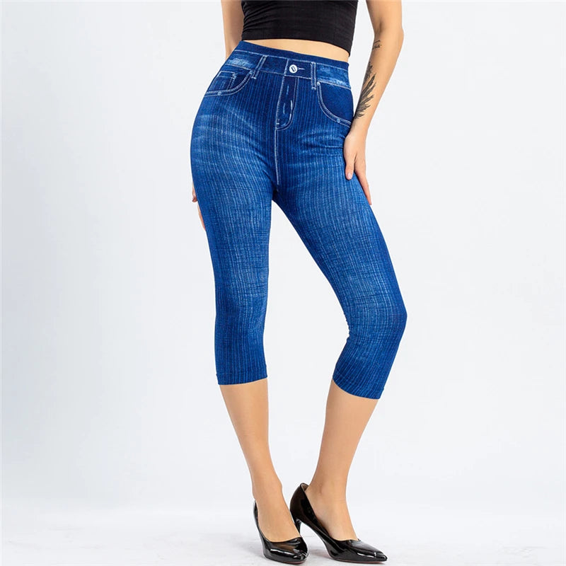 Women’s Denim-Print Slim Leggings – Faux Jeans Stretch Pants