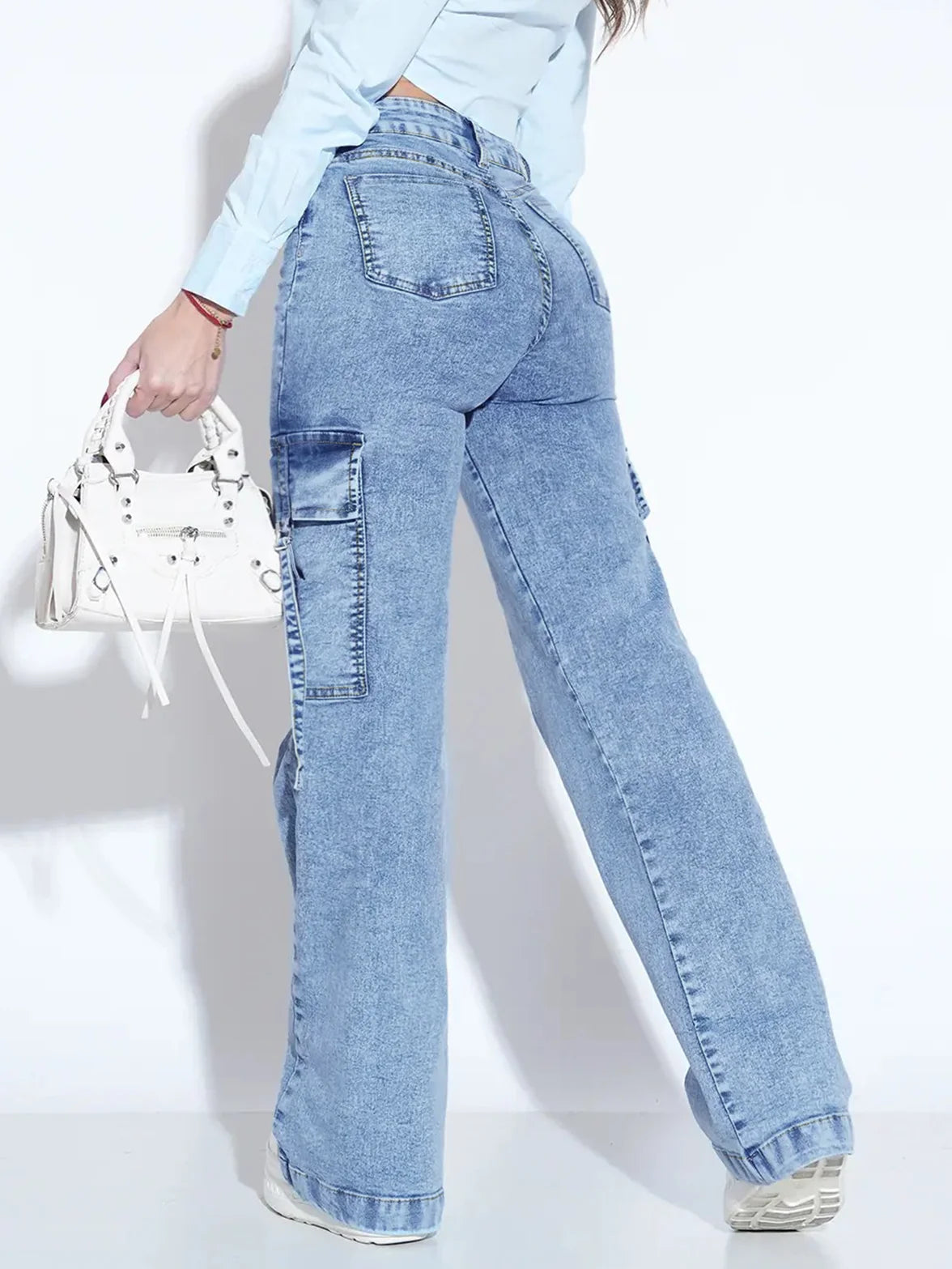 Womenโs Utility Denim Cargo Jeans โ Multi-Pocket Work Pants