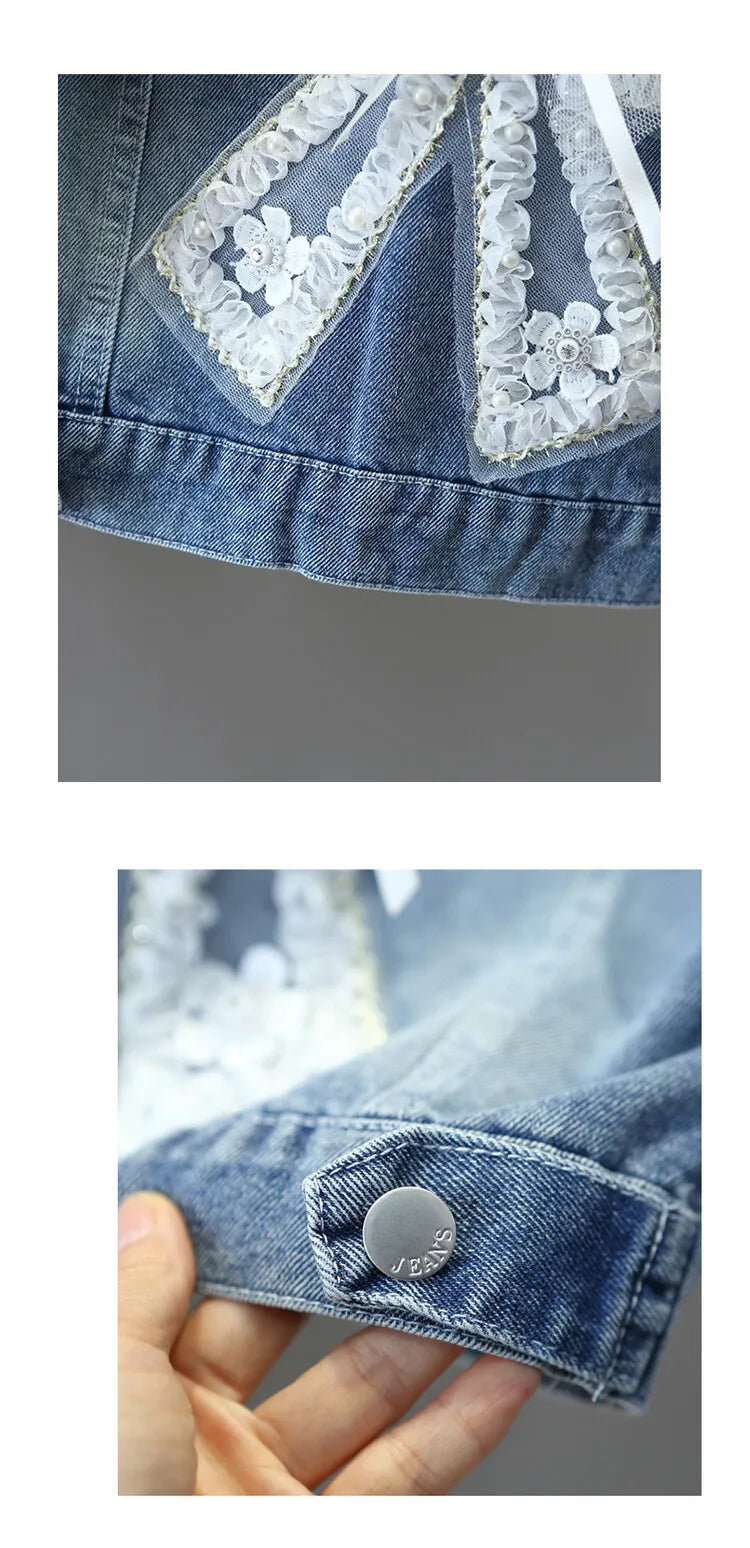 Teen Girls Pearl Denim Jacket – Bow Knot Fashion Coat for Spring & Autumn
