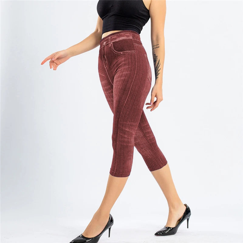 Women’s Denim-Print Slim Leggings – Faux Jeans Stretch Pants