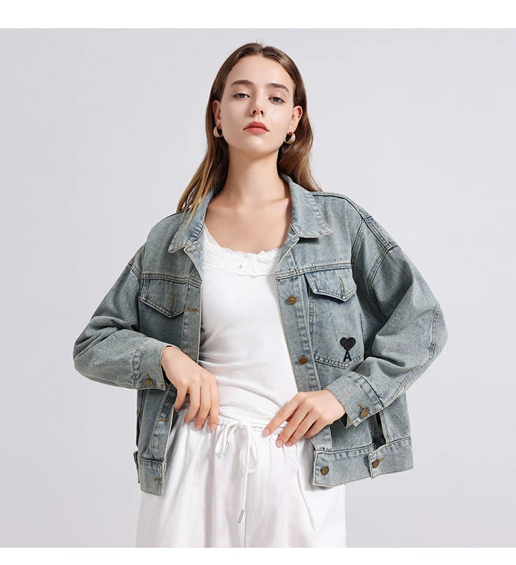 Womenโs Denim Shirt โ Embroidered Long Sleeve Top