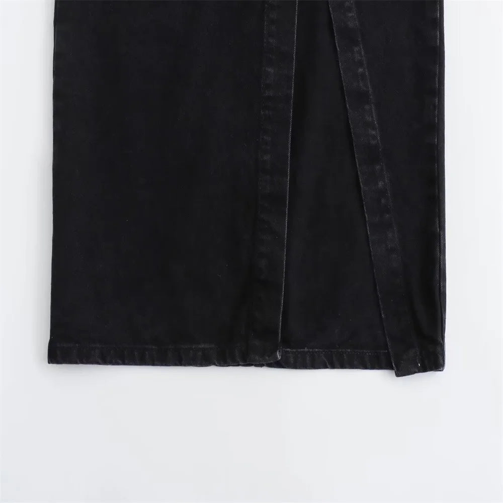 Women’s Button-Front Denim Midi Skirt with Side Slit