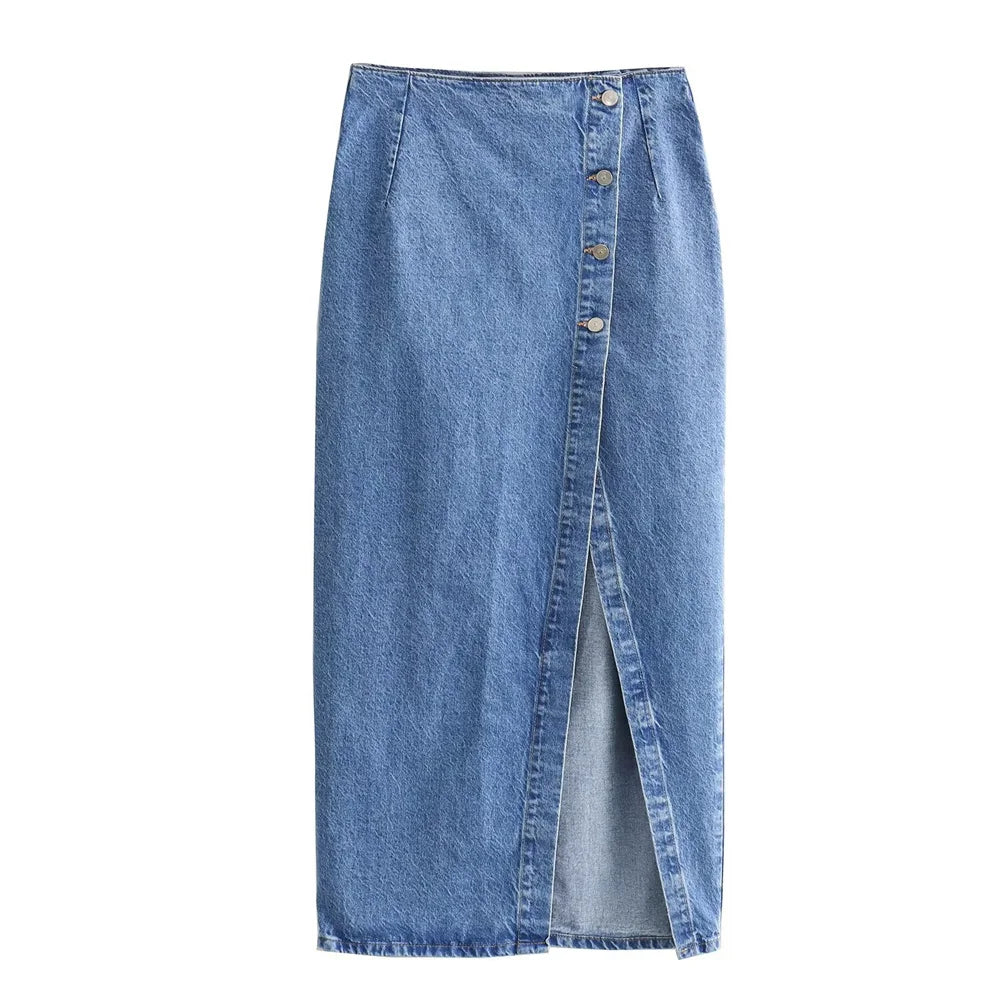 Women’s Button-Front Denim Midi Skirt with Side Slit