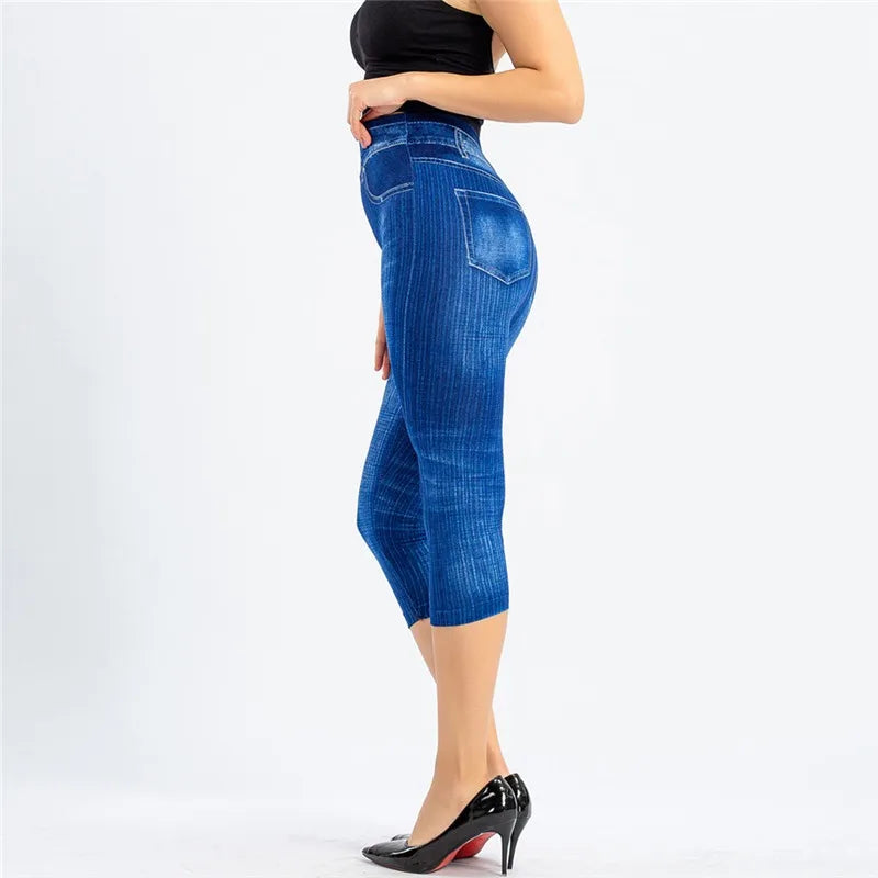 Women’s Denim-Print Slim Leggings – Faux Jeans Stretch Pants