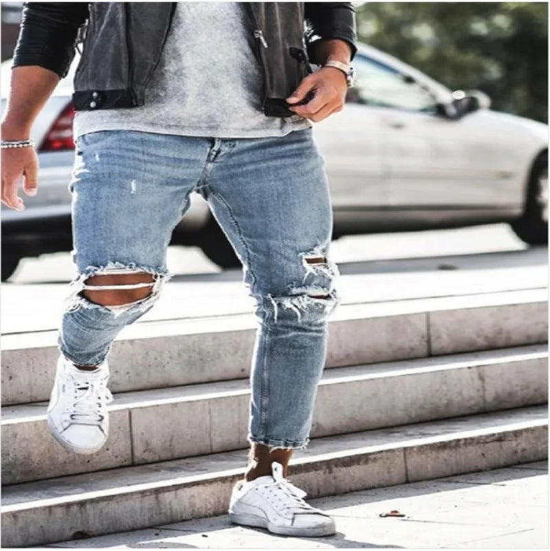 Menβs Distressed Slim Denim Pants β Elastic Waist Casual Jeans