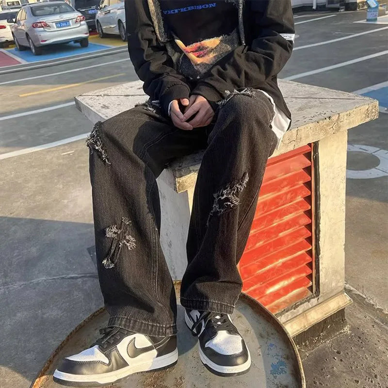 Menβs Loose Straight Leg Denim Jeans β Casual Y2K Streetwear