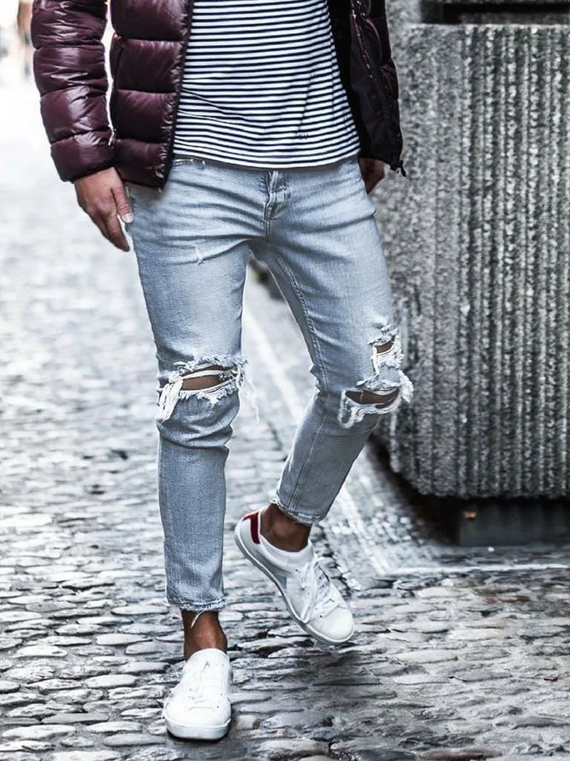 Menβs Distressed Slim Denim Pants β Elastic Waist Casual Jeans