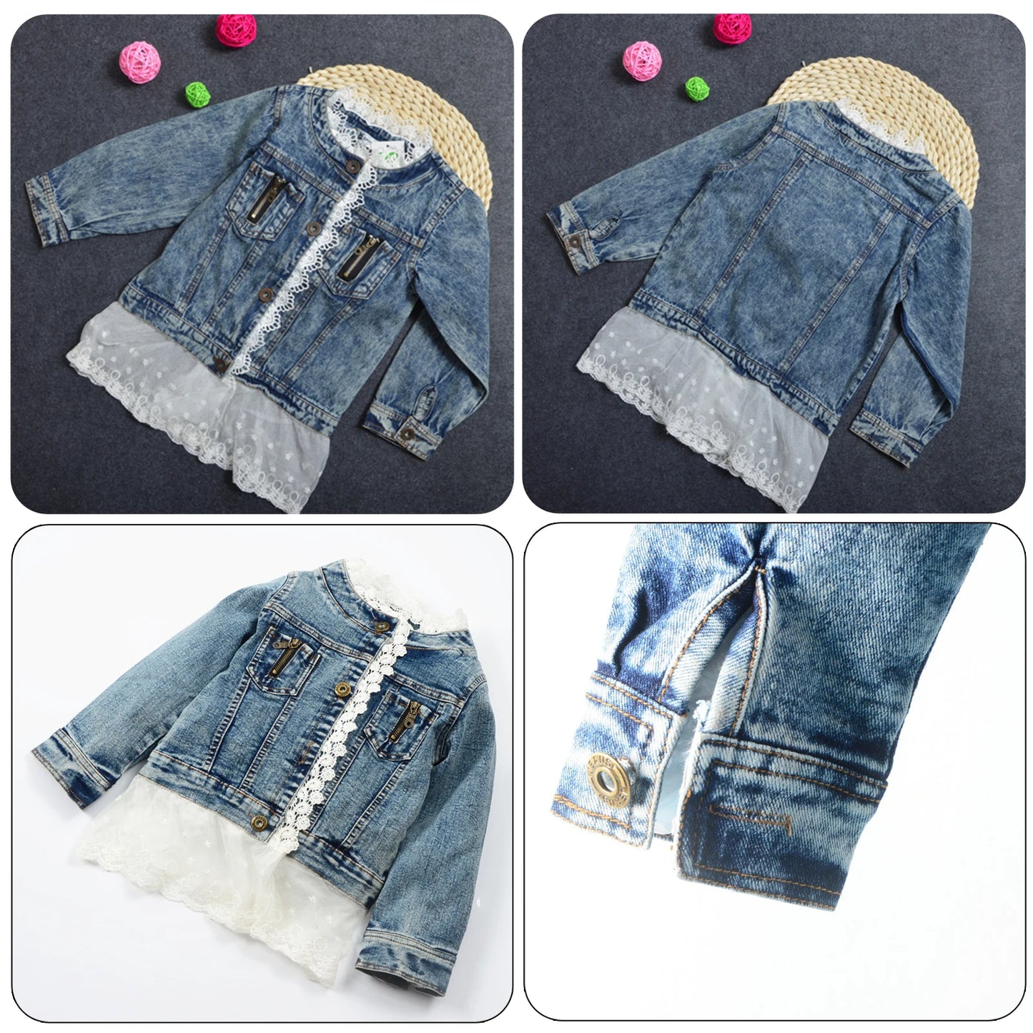 Girls Lace Denim Jacket ā Cute Jean Coat with Lace Skirt & Collar