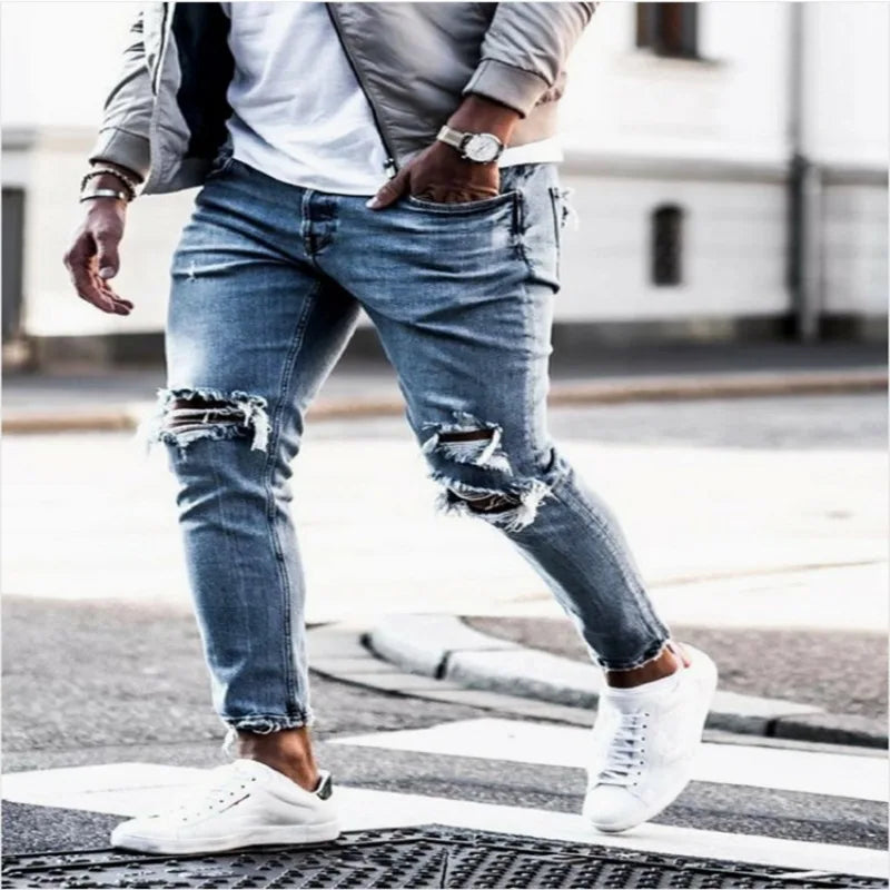Menβs Distressed Slim Denim Pants β Elastic Waist Casual Jeans
