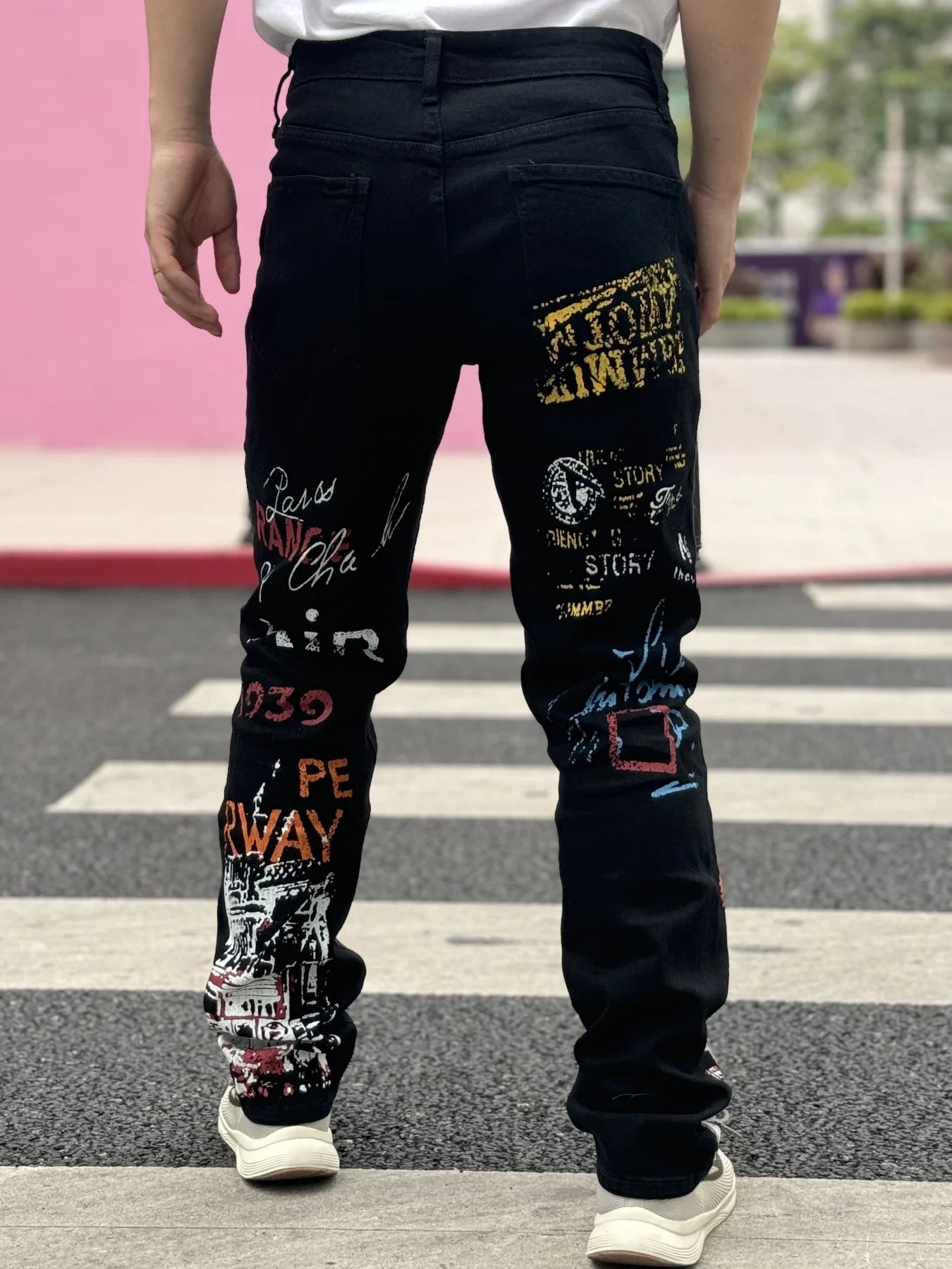 Menβs Graffiti Denim Jeans β Casual Slim Fit, All-Season Wear