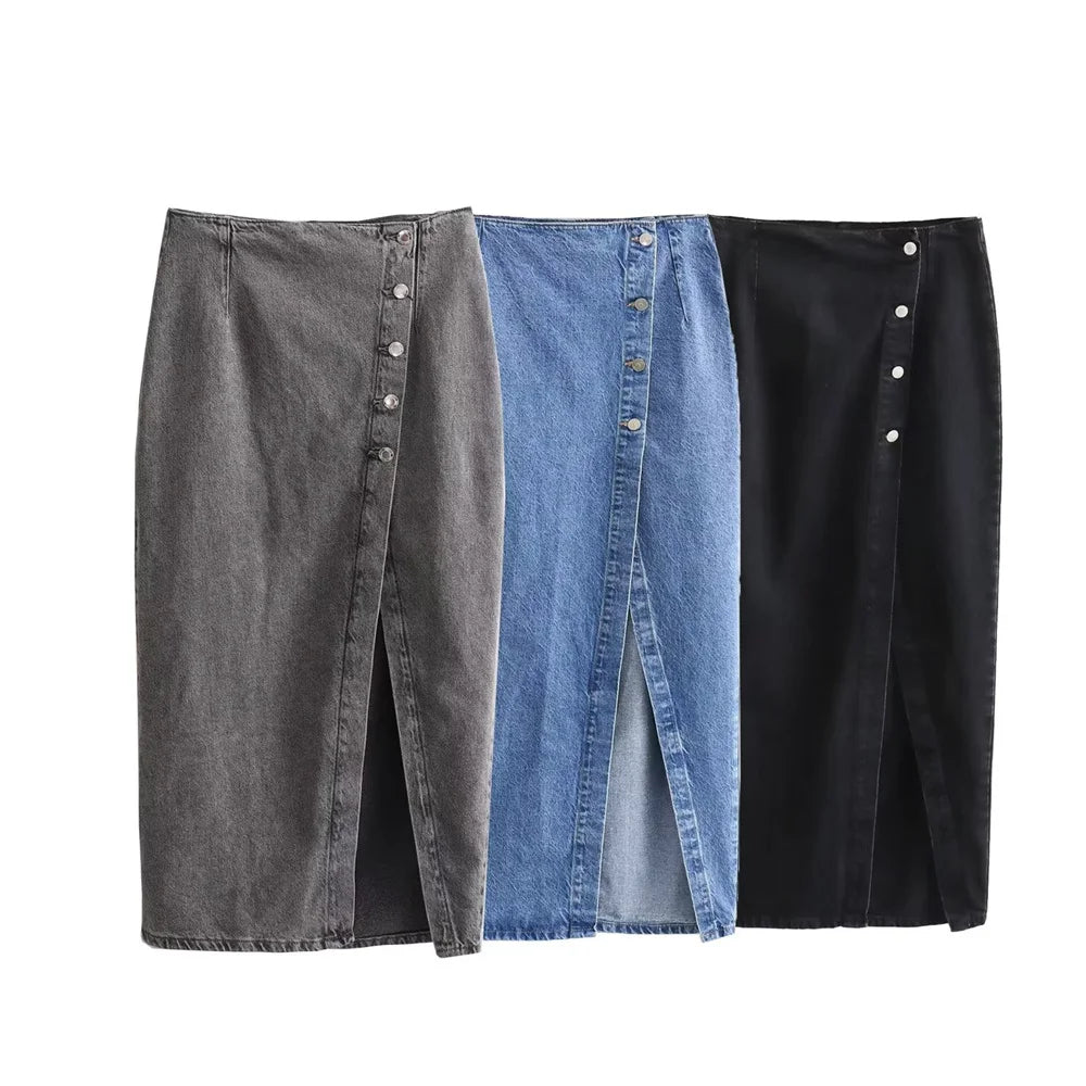 Women’s Button-Front Denim Midi Skirt with Side Slit