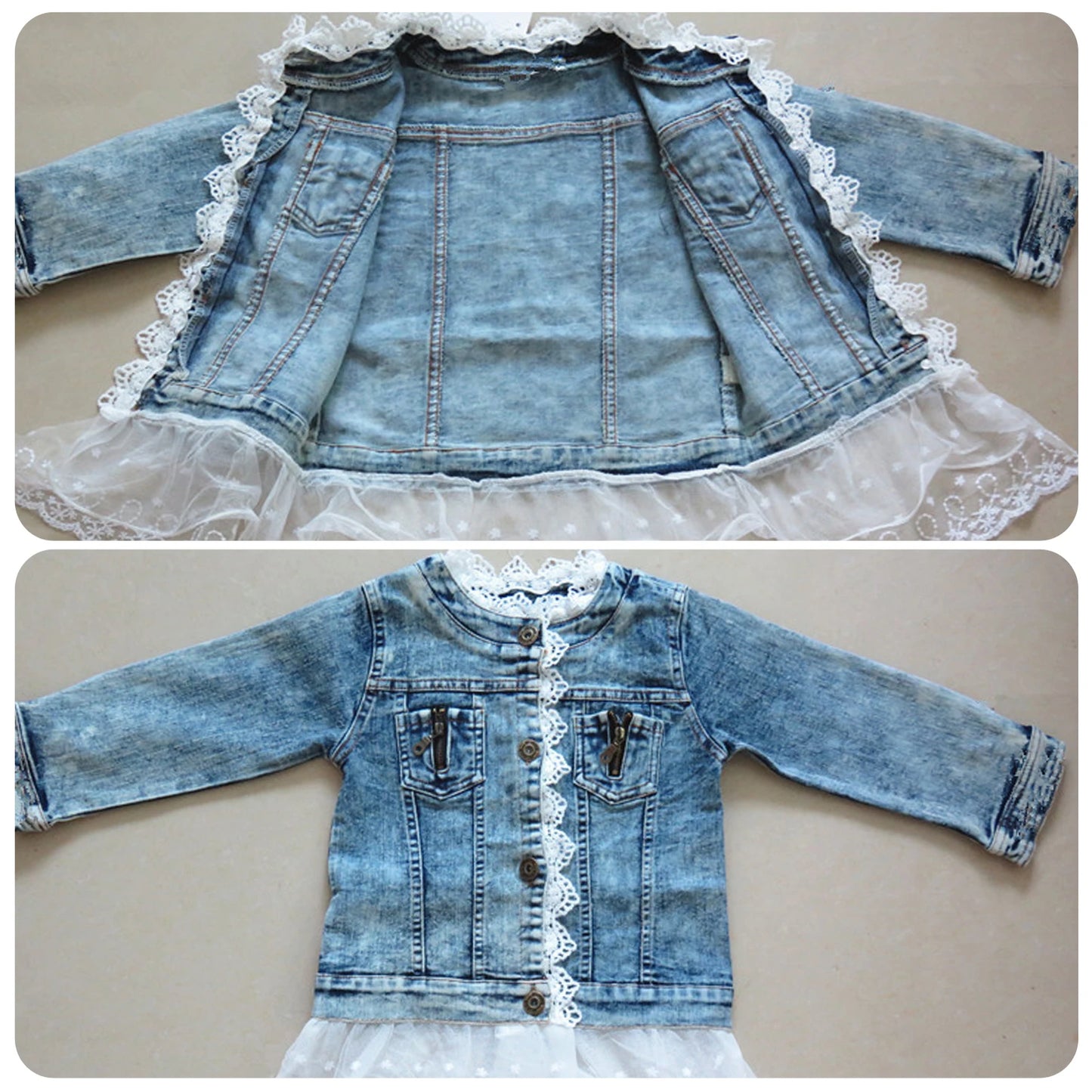 Girls Lace Denim Jacket ā Cute Jean Coat with Lace Skirt & Collar