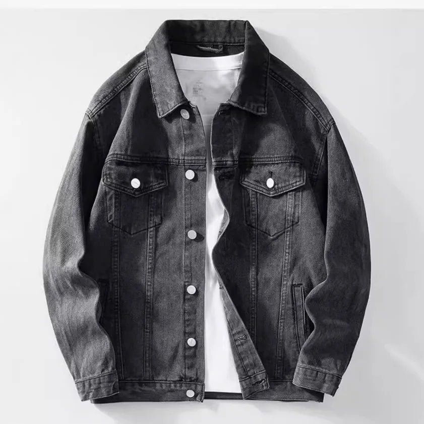 Menβs Distressed Denim Jacket β Single-Breasted Casual Coat