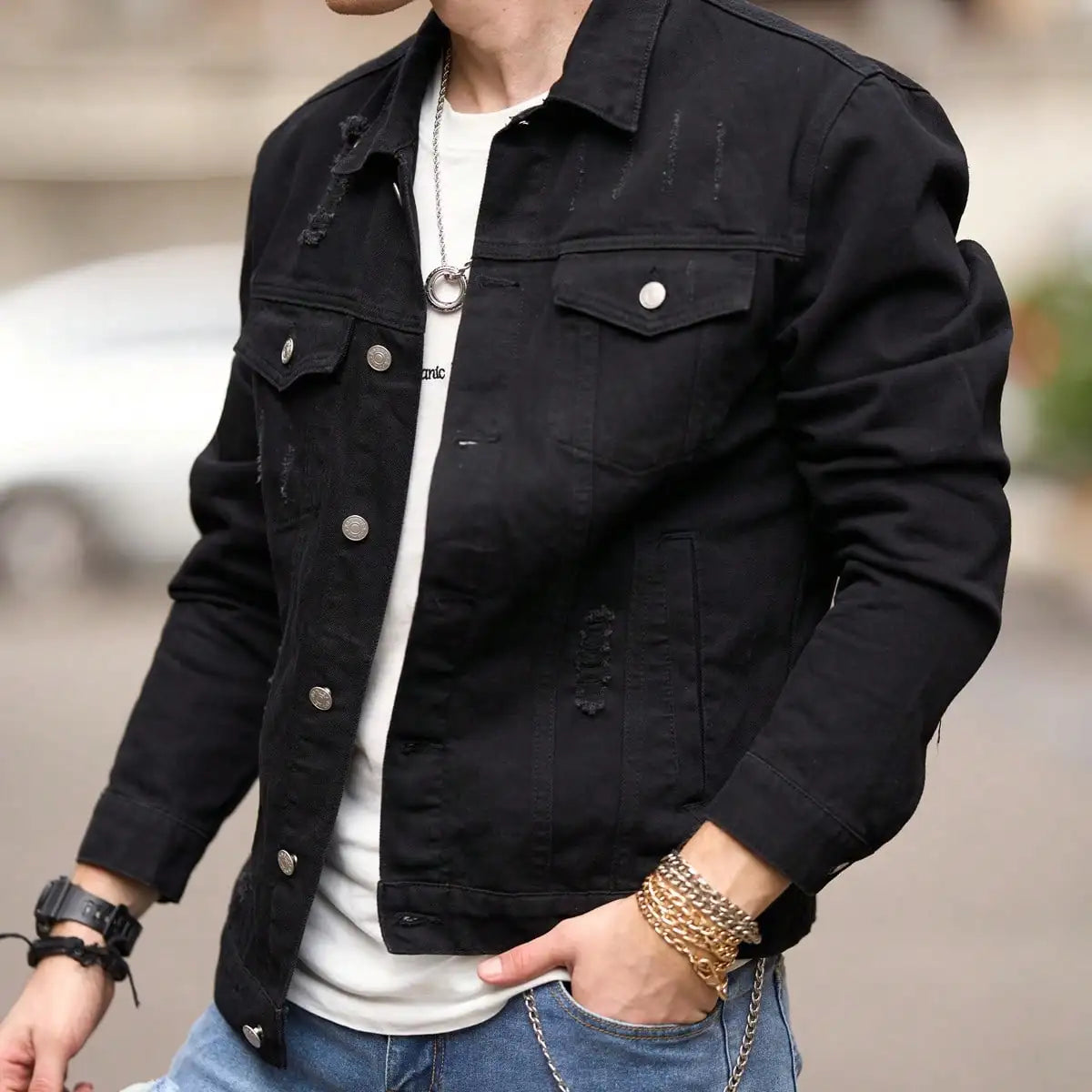 Men’s Slim-Fit Denim Jacket – Casual Ripped Coat for Spring & Autumn